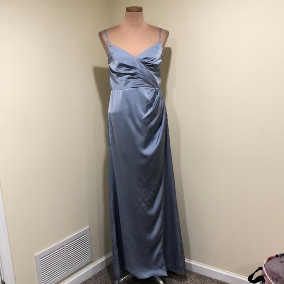 Azazie Maxi Dress Size 6 Blue Ruched Satin Gown - Picture 2 of 11
